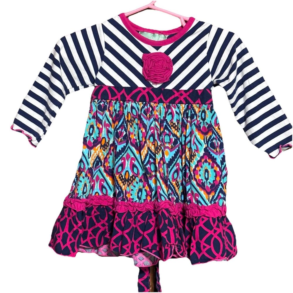 Sage & Lilly Girls Long Sleeve dress striped & Tribal Print Mix Pink , Black 9M